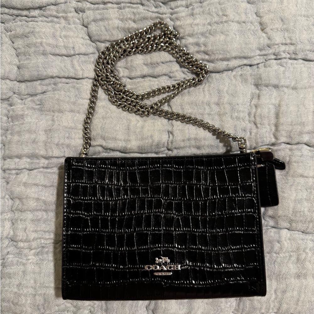 Coach Black Croc Embossed Wallet with Silver Chain